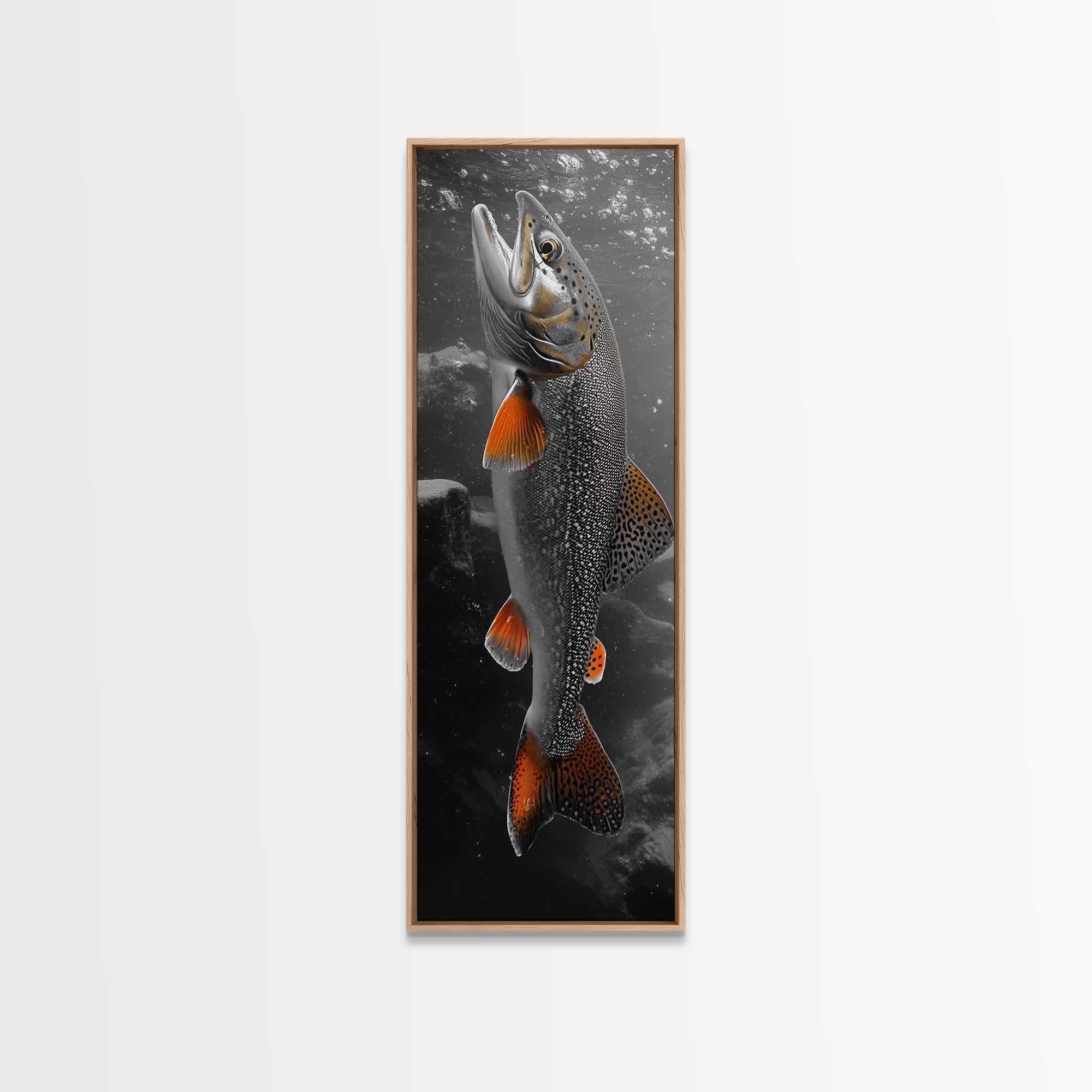 Trout Fishing Print, Underwater Scene, Orange Fins Fish, Rustic Wildlife, Framed Canvas Print, Cabin Decor, Man Cave Wall Art