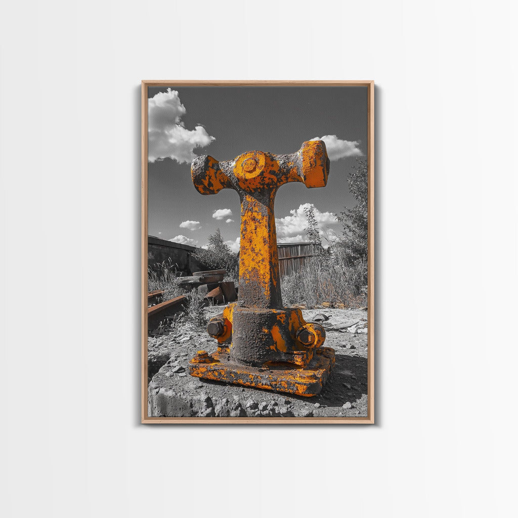 Rusty Bolt, Yellow Steel, Industrial Contrast, Framed Canvas Print, Garage Decor, Workshop Wall Art, Urban Grunge Photography
