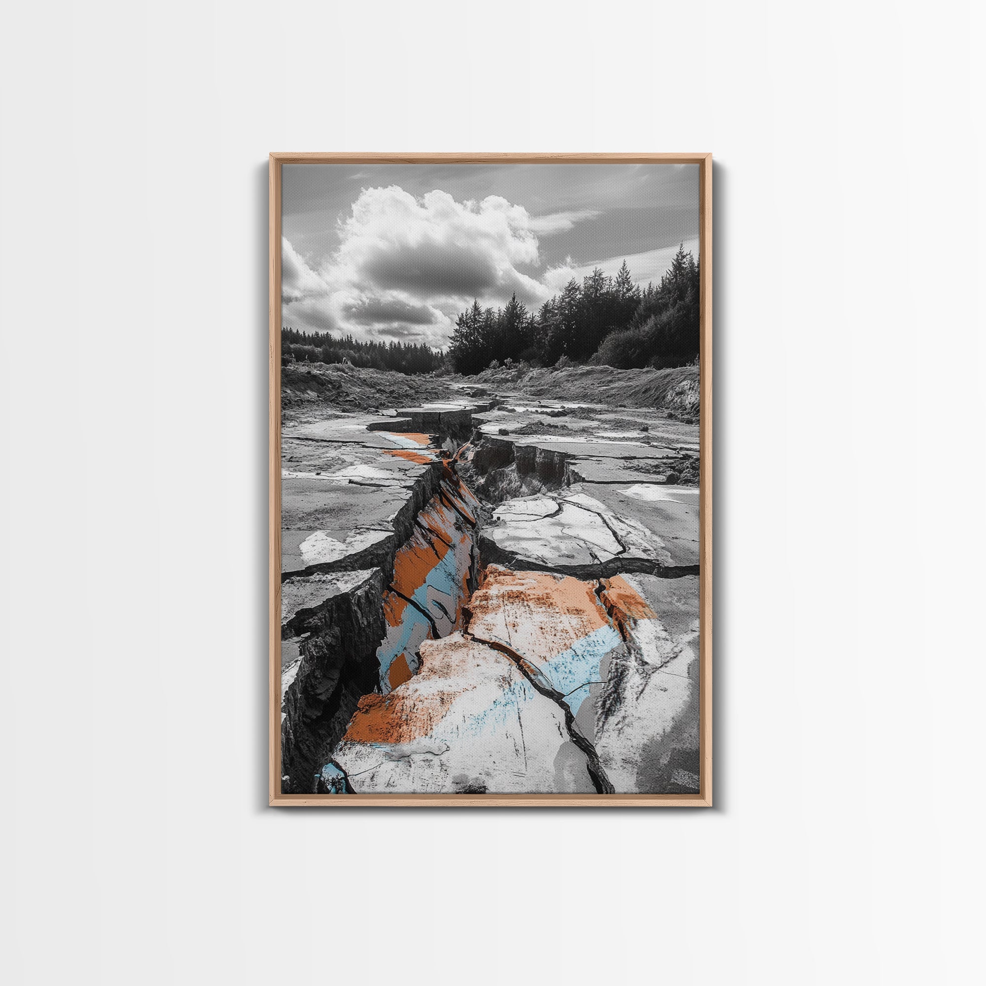 Cracked Earth, Desert Scene, Color Splash Photography, Framed Canvas Print, Modern Nature Wall Art, Industrial Decor, Earth Tones