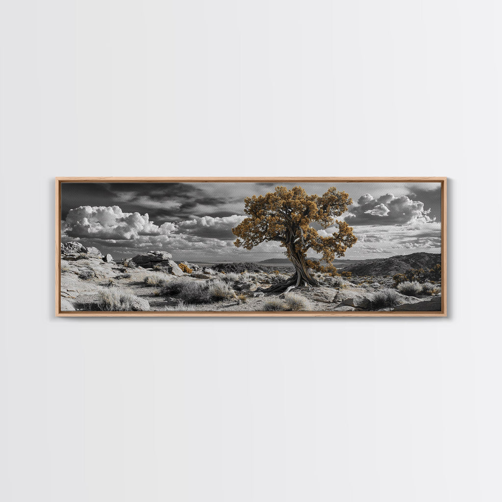Twisted Desert Tree, Rocky Canyon Art, Dramatic Sky Nature Scene, Framed Canvas Print, Rustic Wall Decor, Moody Western Home Aesthetic