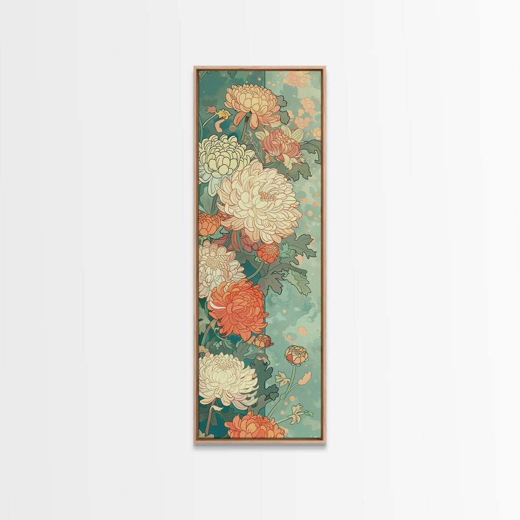 Skinny Art of Chrysanthemums in Soft Pastels with Intricate Petal Design on Framed Canvas Print