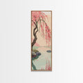 Serene Weeping Cherry Tree with Gentle Reflections in Water - Skinny Art, Japanese Wall Decor, Framed Canvas Print, Ukiyo-e Style