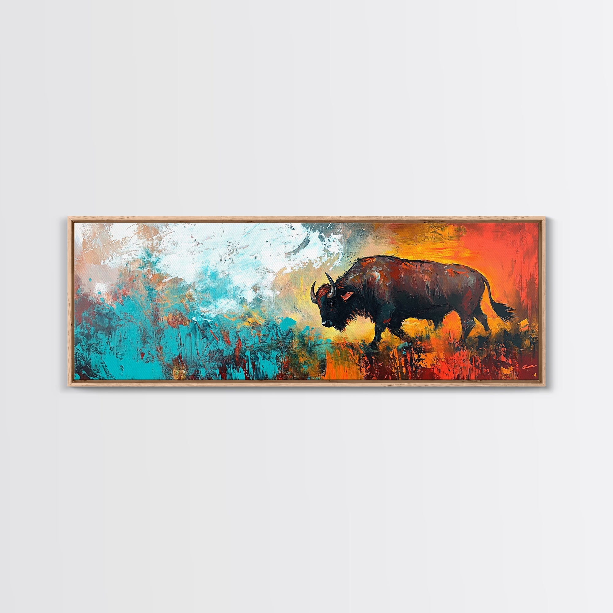 Abstract bison, rustic decor, teal wall art, western painting, bold color art, boho art, extra wide art, framed canvas print