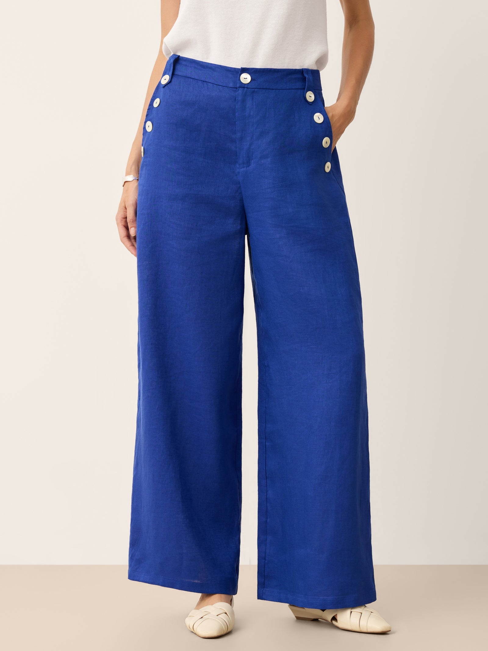 100% Linen Shell Button Elasticated Back Wide - Leg Pants IONE - PhishStones Products