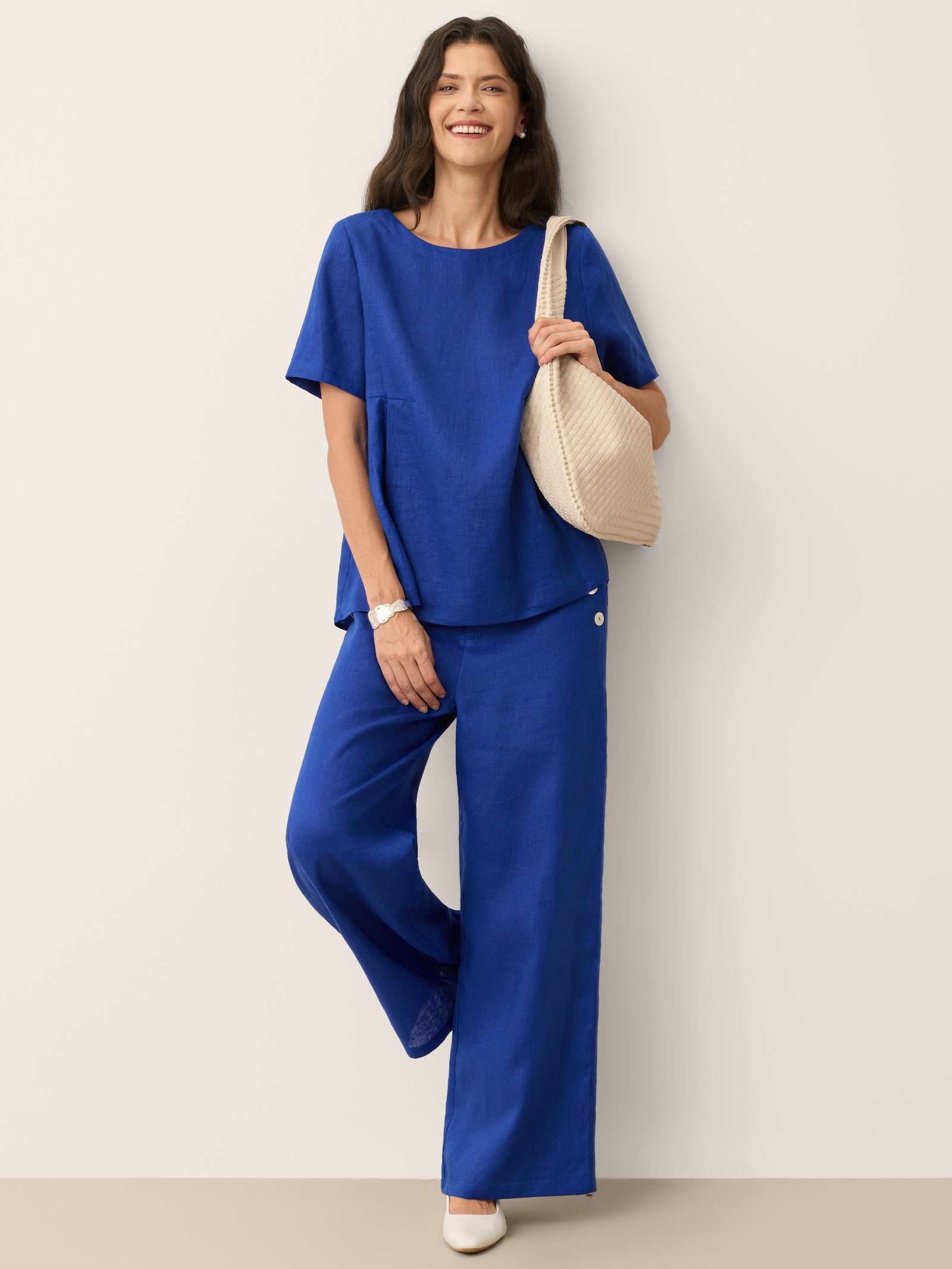 100% Linen Shell Button Elasticated Back Wide - Leg Pants IONE - PhishStones Products