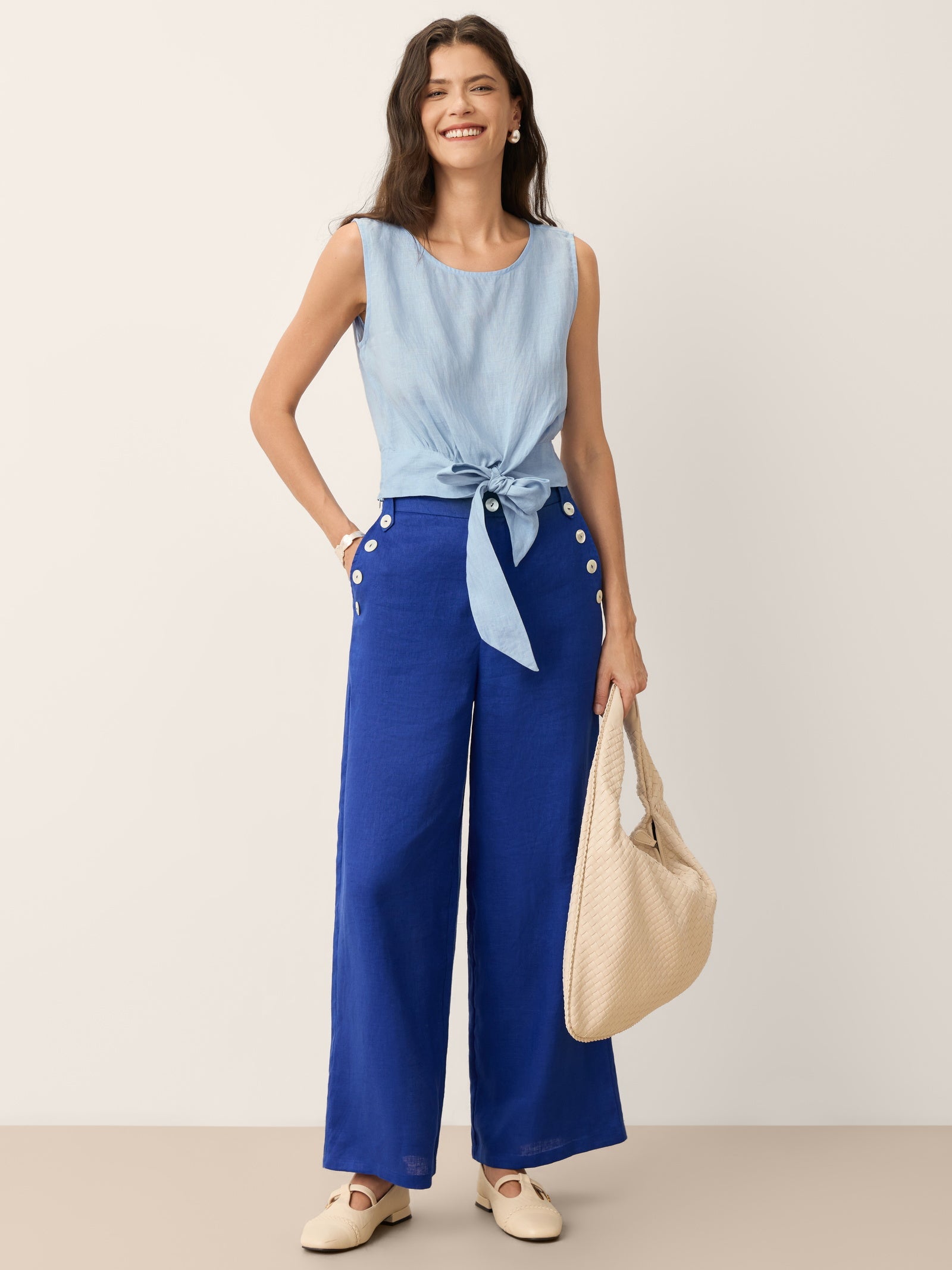 100% Linen Shell Button Elasticated Back Wide - Leg Pants IONE - PhishStones Products
