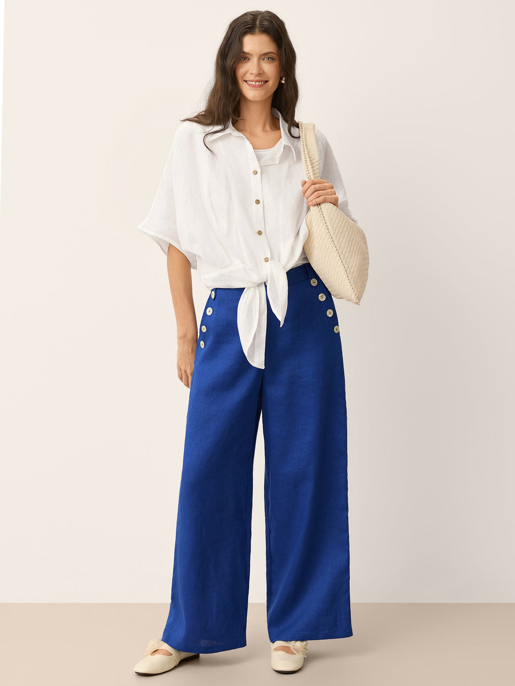 100% Linen Shell Button Elasticated Back Wide - Leg Pants IONE - PhishStones Products