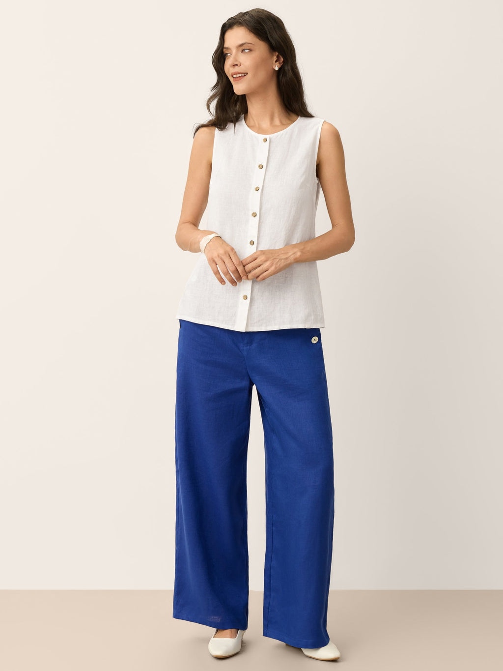 100% Linen Shell Button Elasticated Back Wide - Leg Pants IONE - PhishStones Products