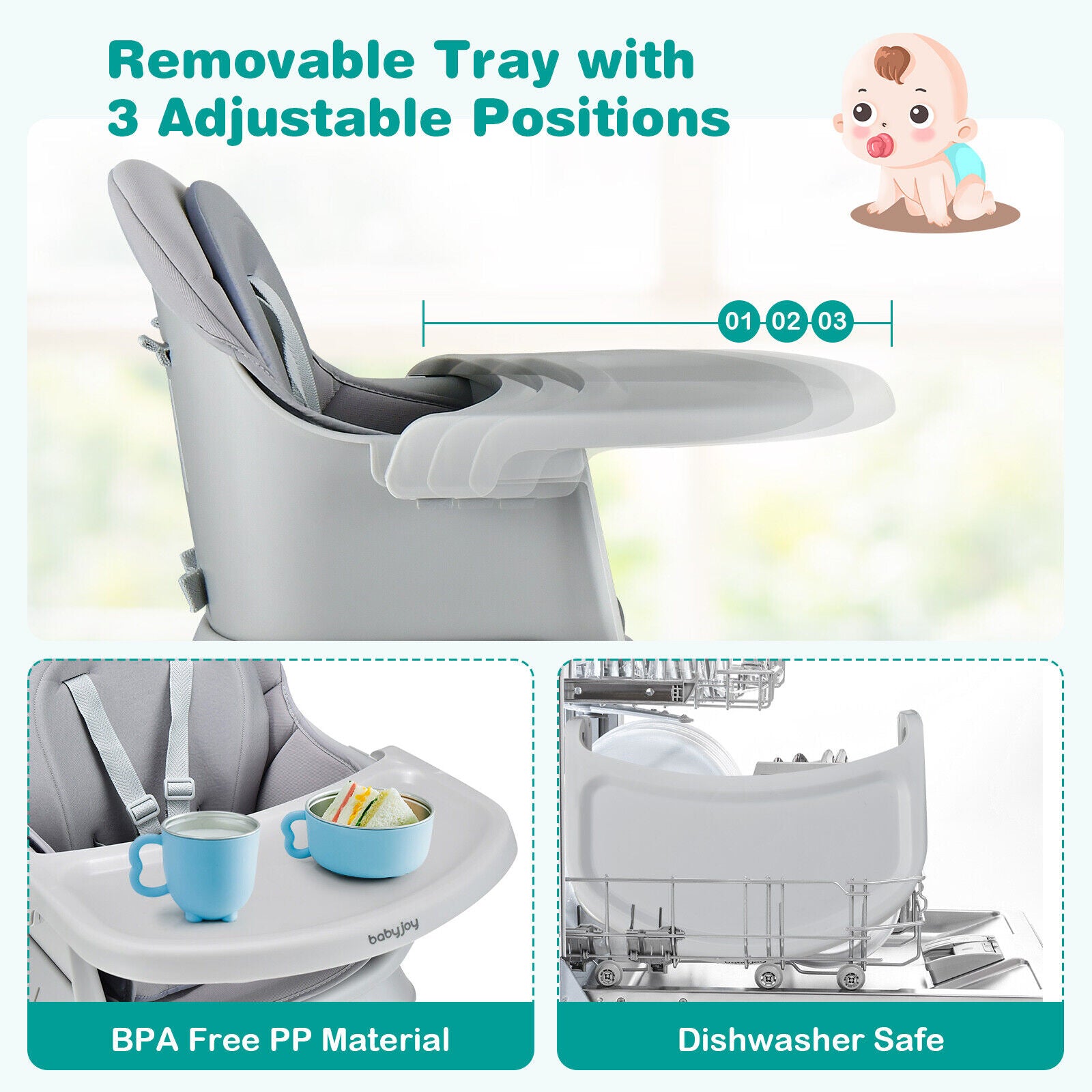6-in-1 Convertible Baby High Chair with Adjustable Removable Tray-Gray