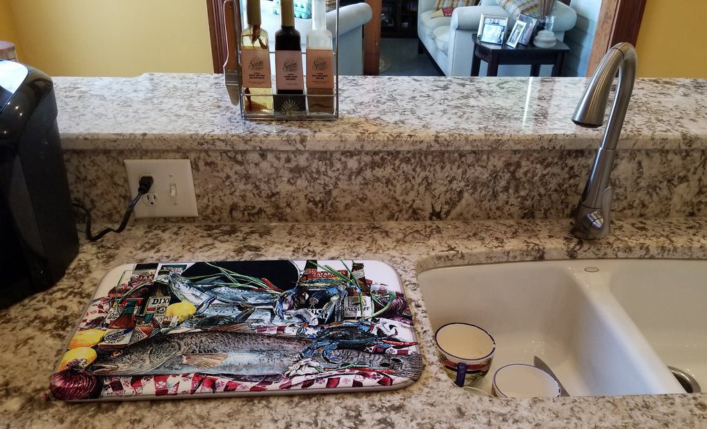 Fish and Beers from New Orleans Dish Drying Mat Absorbent Dish Drying Mat Pad for Kitchen Counter Dish Drainer Mat for Countertop, 14 x 21", Multicolor