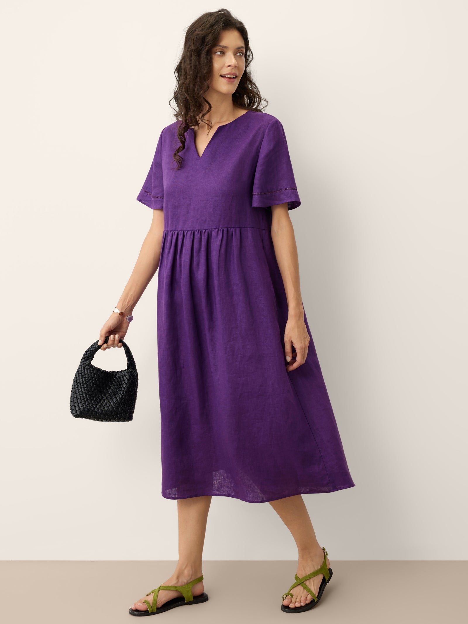 100% Linen Embroidered Cuff Split Neck Maxi Dress OCTAVIA