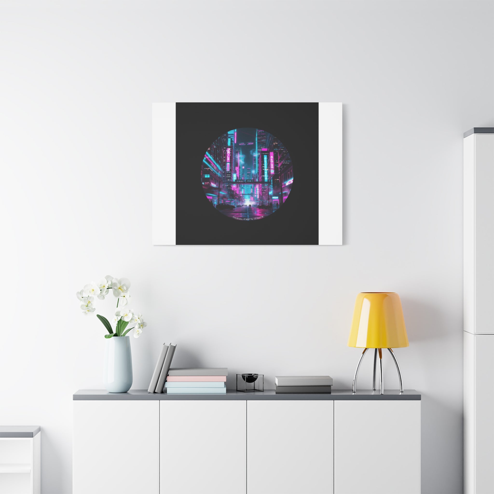Neon Cyberpunk Cityscape Canvas | synthwave skyline, future city art