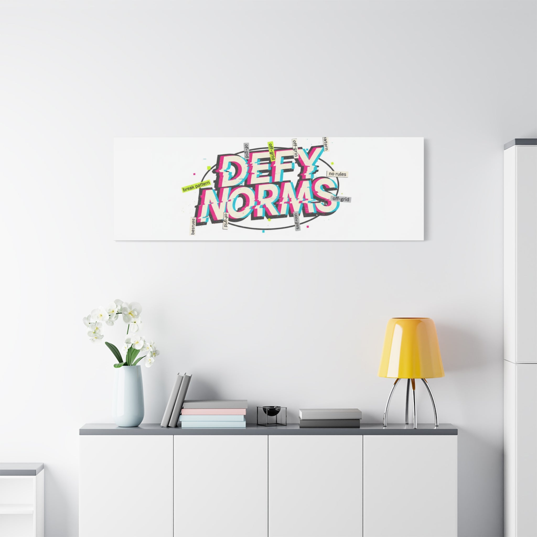 Defy Norms Canvas, Anti-Aesthetic Glitch Typography, Brutalist Poster Style