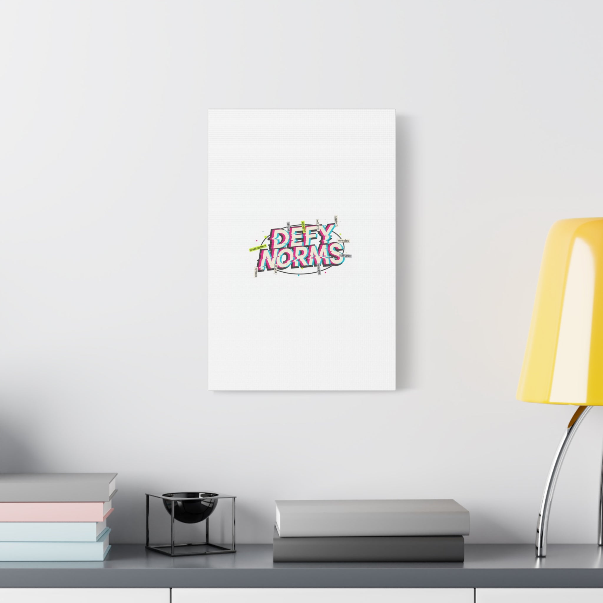 Defy Norms Canvas, Anti-Aesthetic Glitch Typography, Brutalist Poster Style