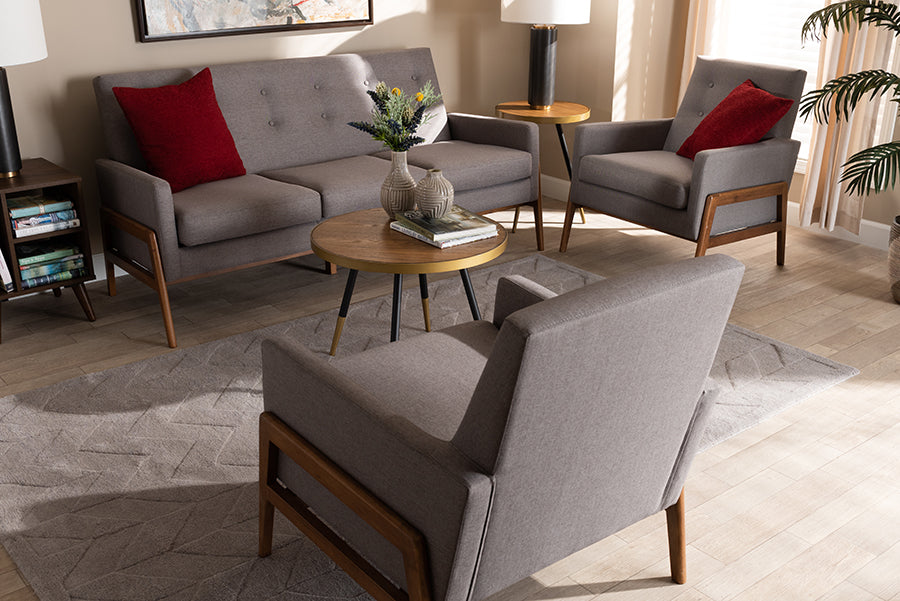 Baxton Studio Perris Mid-Century Modern Light Grey Fabric Upholstered Walnut Finished Wood 3-Piece Living Room Set