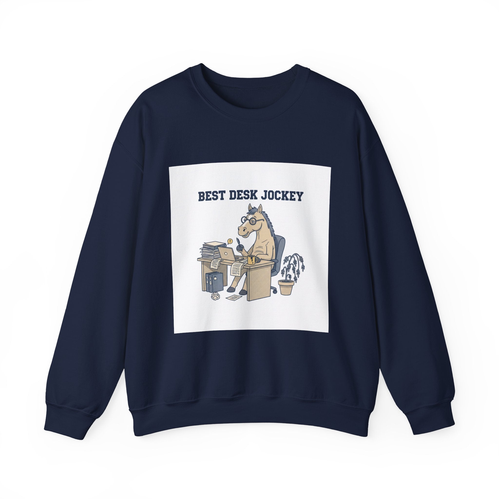 Workhorse Desk Jockey Sweatshirt | corporate burnout parody, collegiate horse design