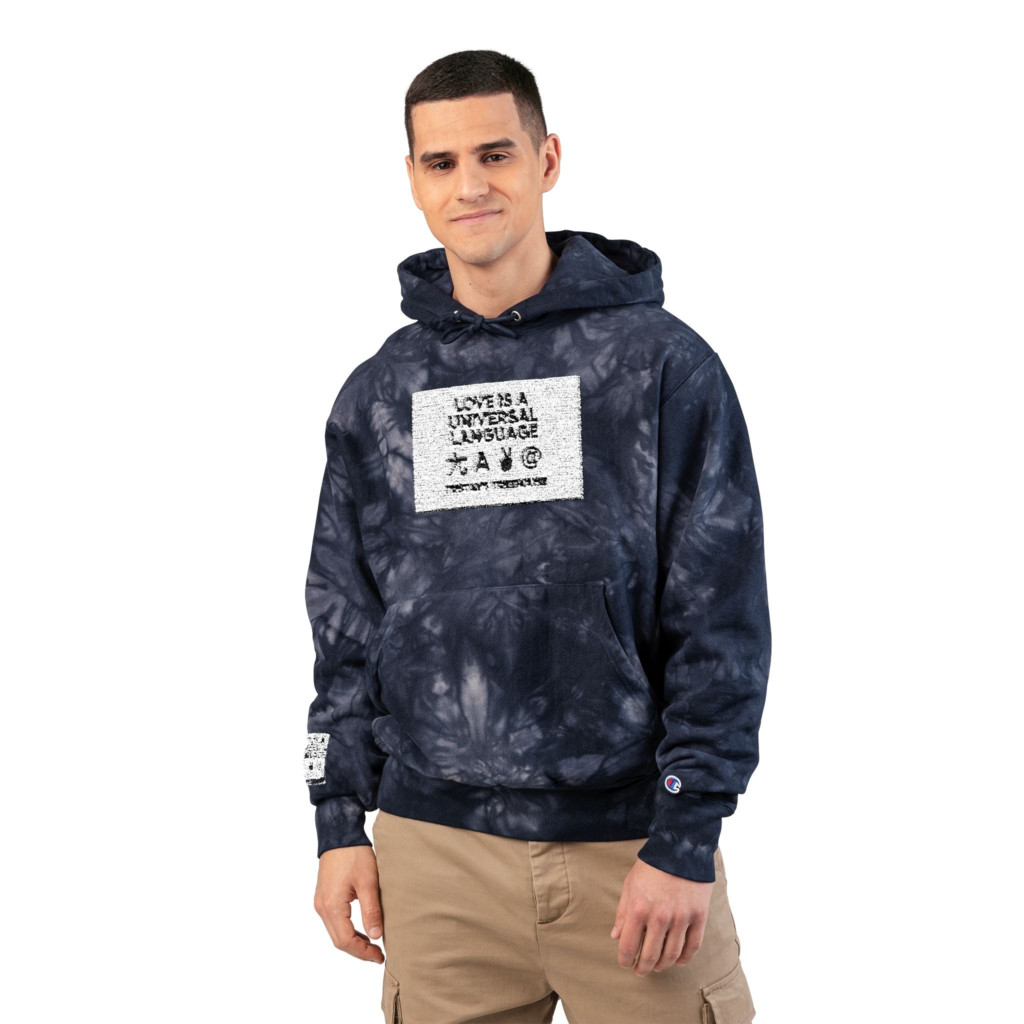 Tie-Dye Champion Hoodie — Embroidered "Love Is A Universal Language" Graphic