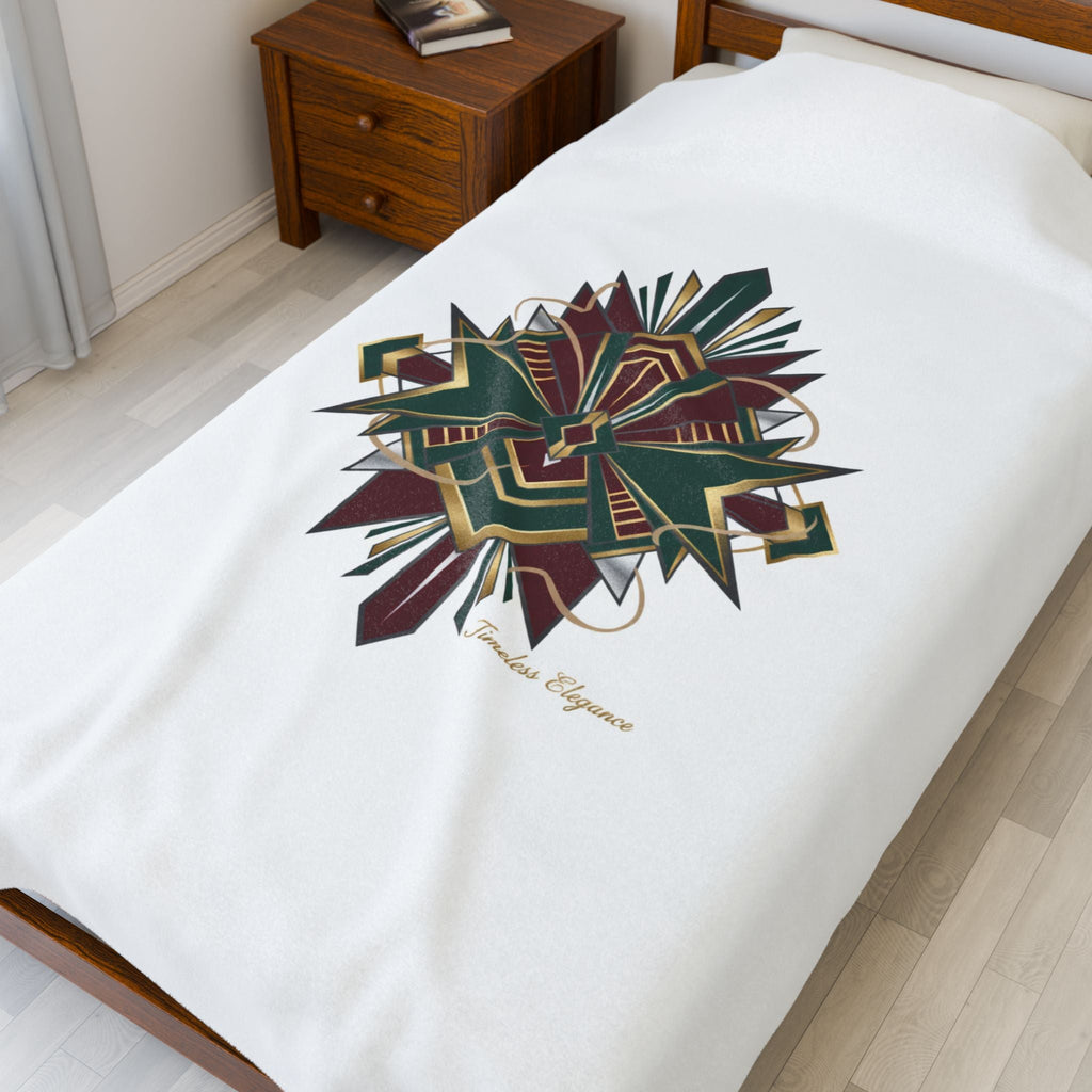 Art Deco Emerald & Burgundy Geometric Velvet Throw Blanket | Brass Chrome Fan Motif