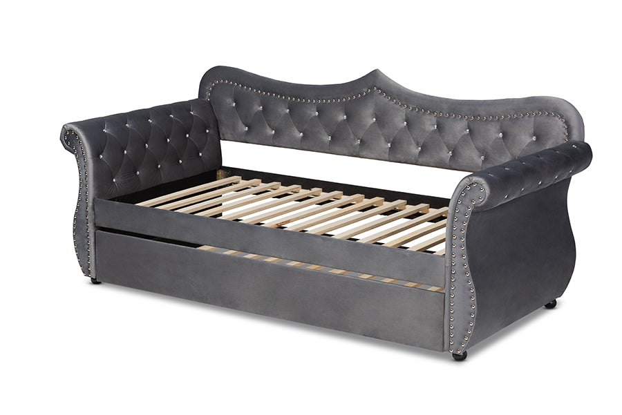 Baxton Studio Abbie Traditional and Transitional Grey Velvet Fabric Upholstered and Crystal Tufted Twin Size Daybed with Trundle