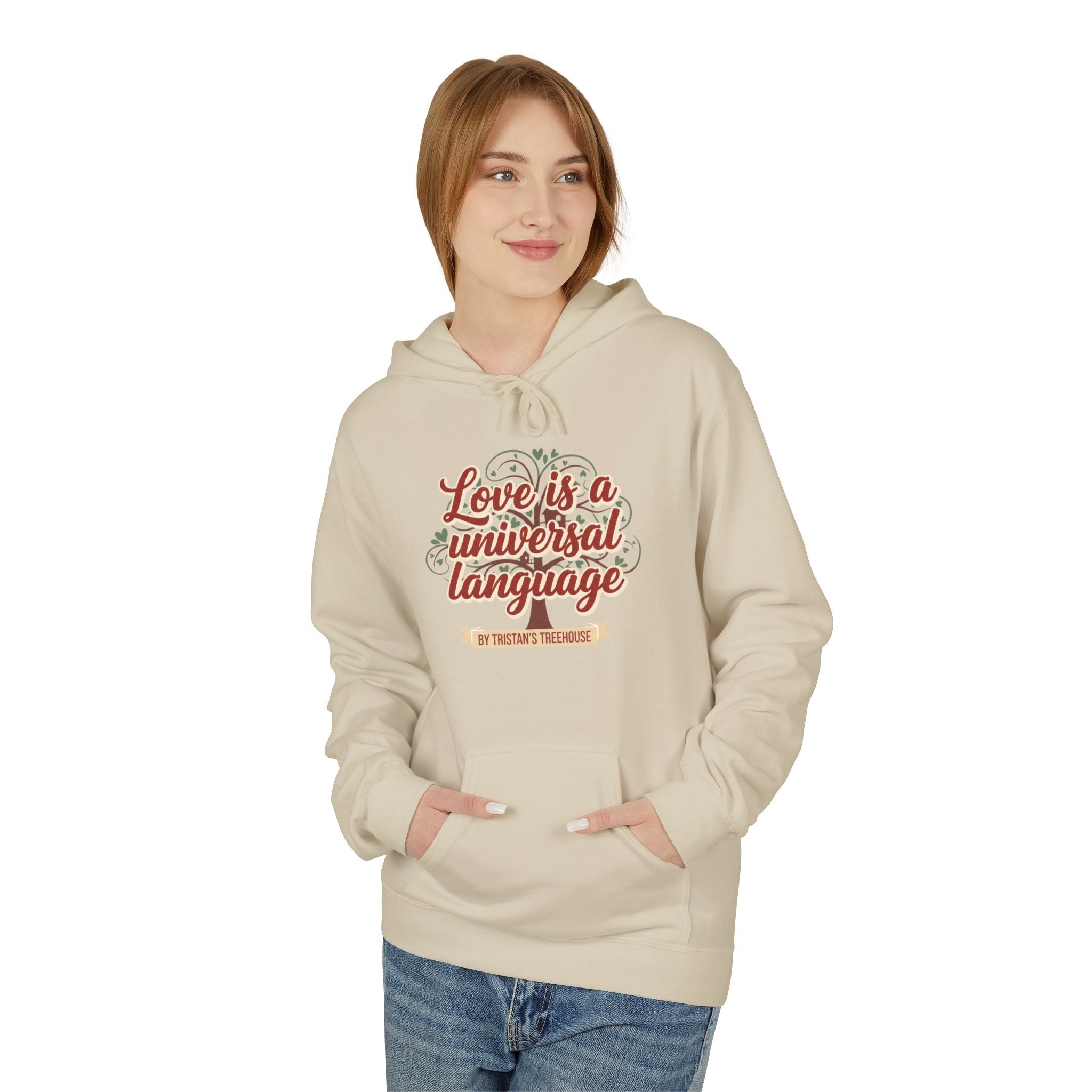 Hoodie — “Love is a Universal Language” Cozy Retro Cabin Graphic Hoodie