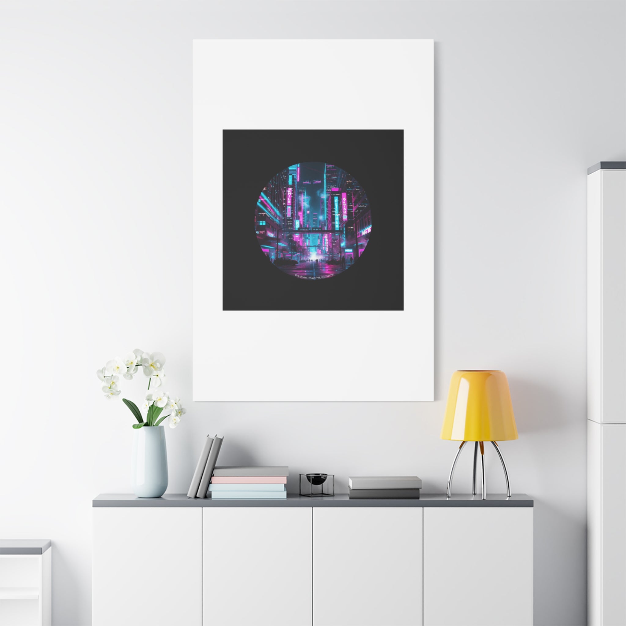 Neon Cyberpunk Cityscape Canvas | synthwave skyline, future city art