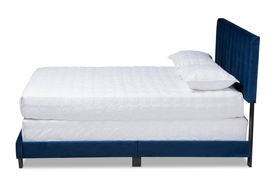 Baxton Studio Clare Glam and Luxe Navy Blue Velvet Fabric Upholstered King Size Panel Bed with Channel Tufted Headboard