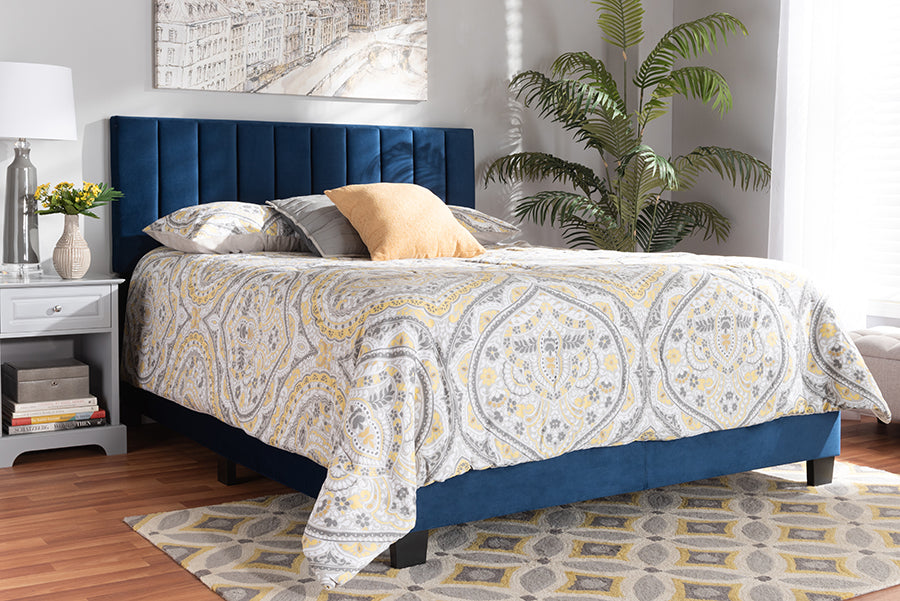 Baxton Studio Clare Glam and Luxe Navy Blue Velvet Fabric Upholstered King Size Panel Bed with Channel Tufted Headboard