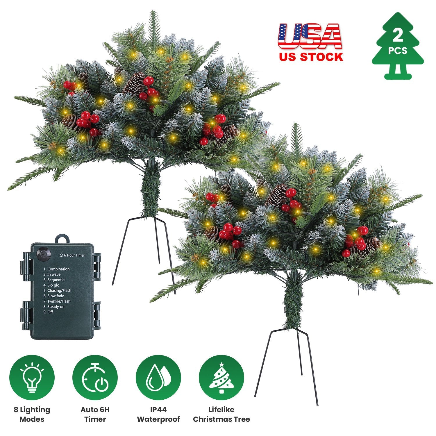 2Pcs Christmas Tree Urn Filler With Light Artificial Lighted Xmas Trees Light with Cones Berries Holiday Planter Filler LED Pathway Pine Tree IP44 Wat