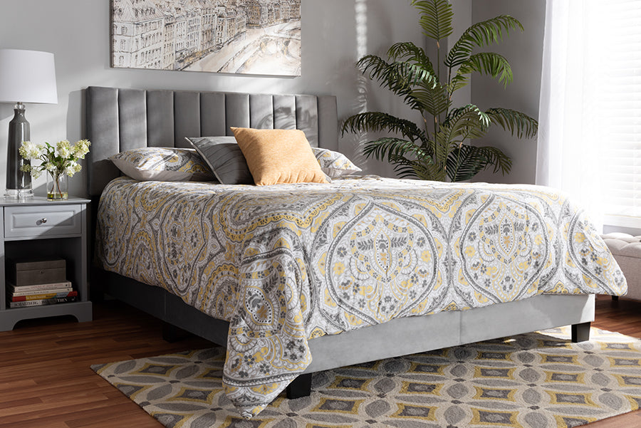 Baxton Studio Clare Glam and Luxe Grey Velvet Fabric Upholstered King Size Panel Bed with Channel Tufted Headboard