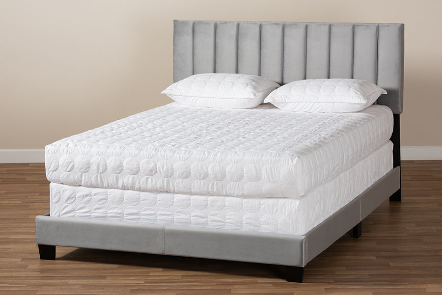 Baxton Studio Clare Glam and Luxe Grey Velvet Fabric Upholstered Queen Size Panel Bed with Channel Tufted Headboard
