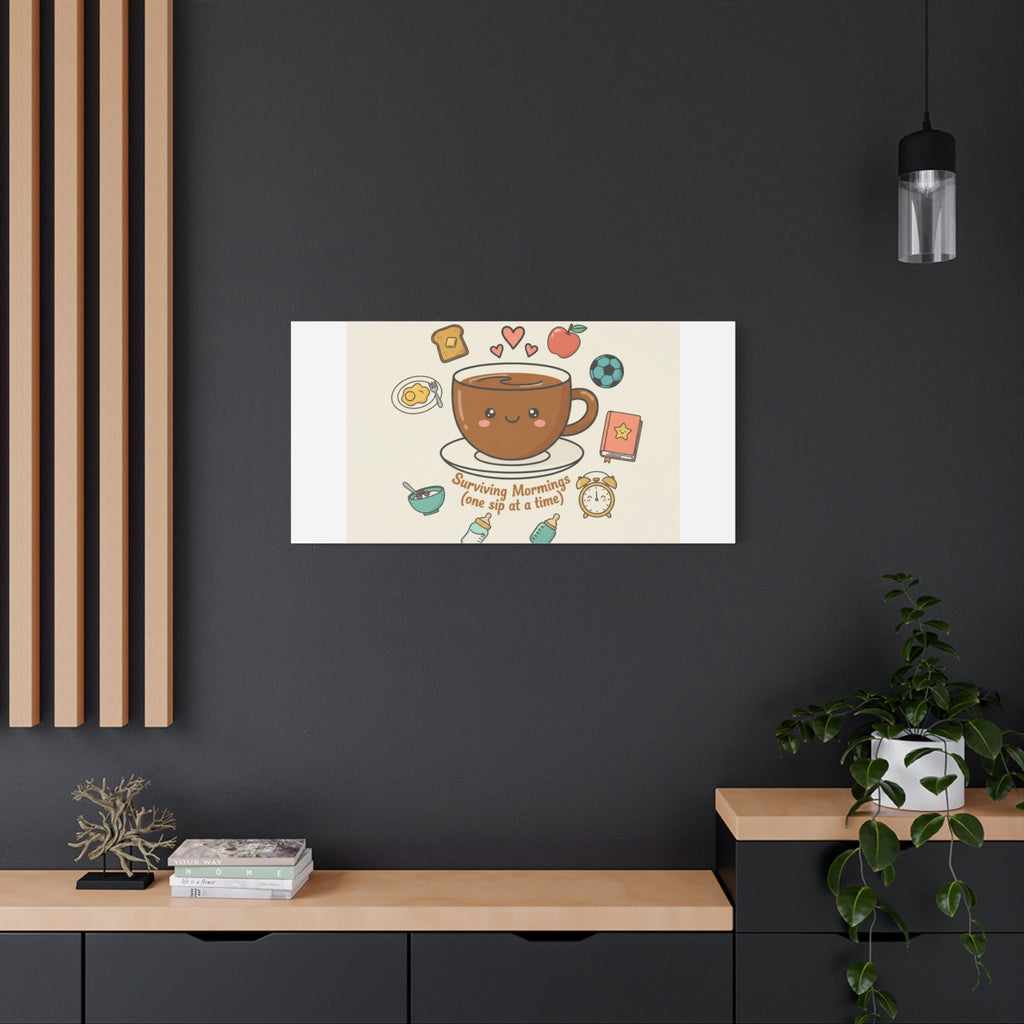 Surviving Mornings (One Sip at a Time) Canvas | Parenting Morning Humor, Coffee & Kids