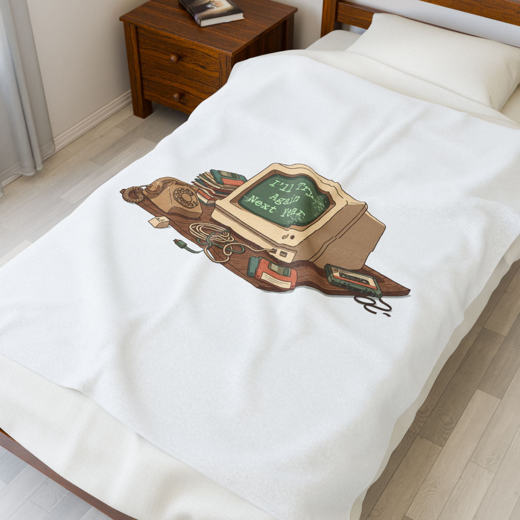 “I’ll Try Again Next Year” Retro Computer Blanket | Resolution Skepticism, January Burnout
