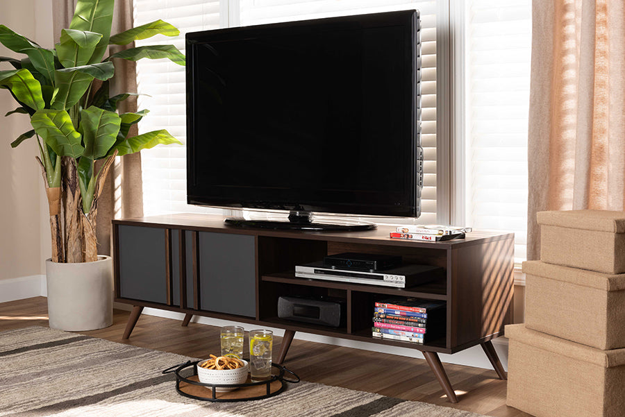 Baxton Studio Naoki Modern and Contemporary Two-Tone Grey and Walnut Finished Wood 2-Door TV Stand