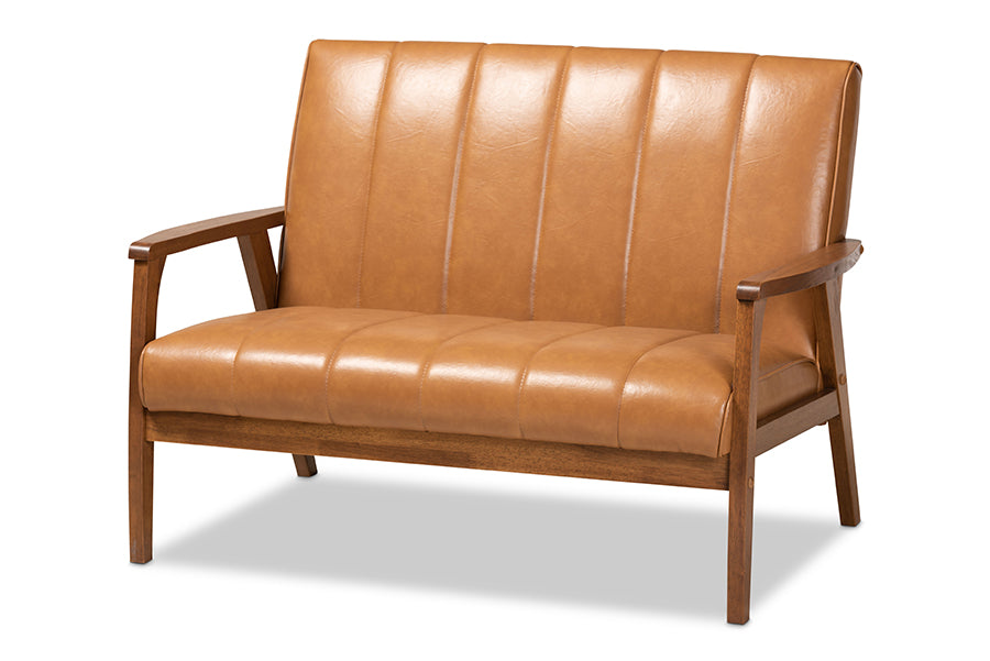 Baxton Studio Nikko Mid-century Modern Tan Faux Leather Upholstered and Walnut Brown finished Wood Loveseat