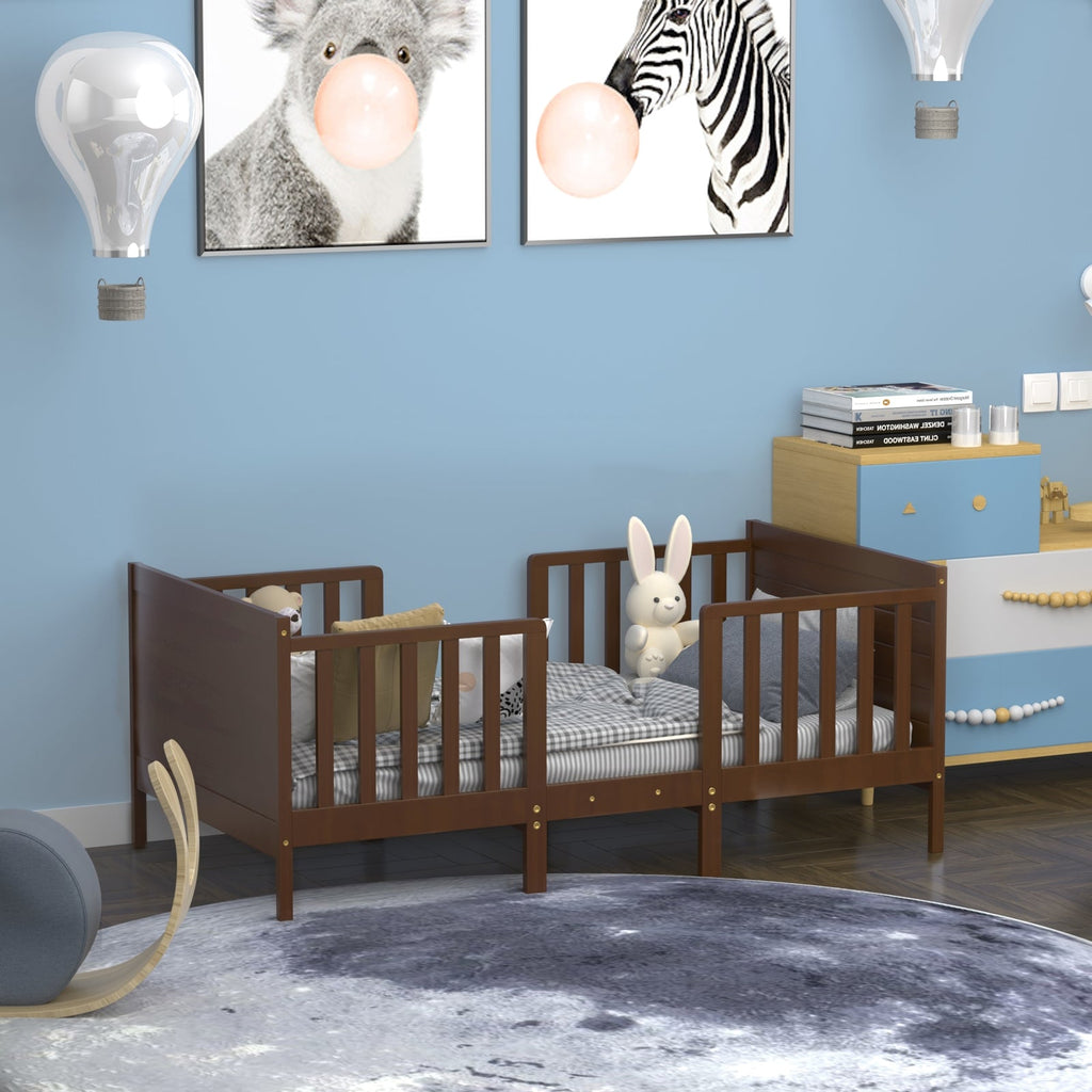 2-in-1 Convertible Kids Wooden Bedroom Furniture with Guardrails-Brown