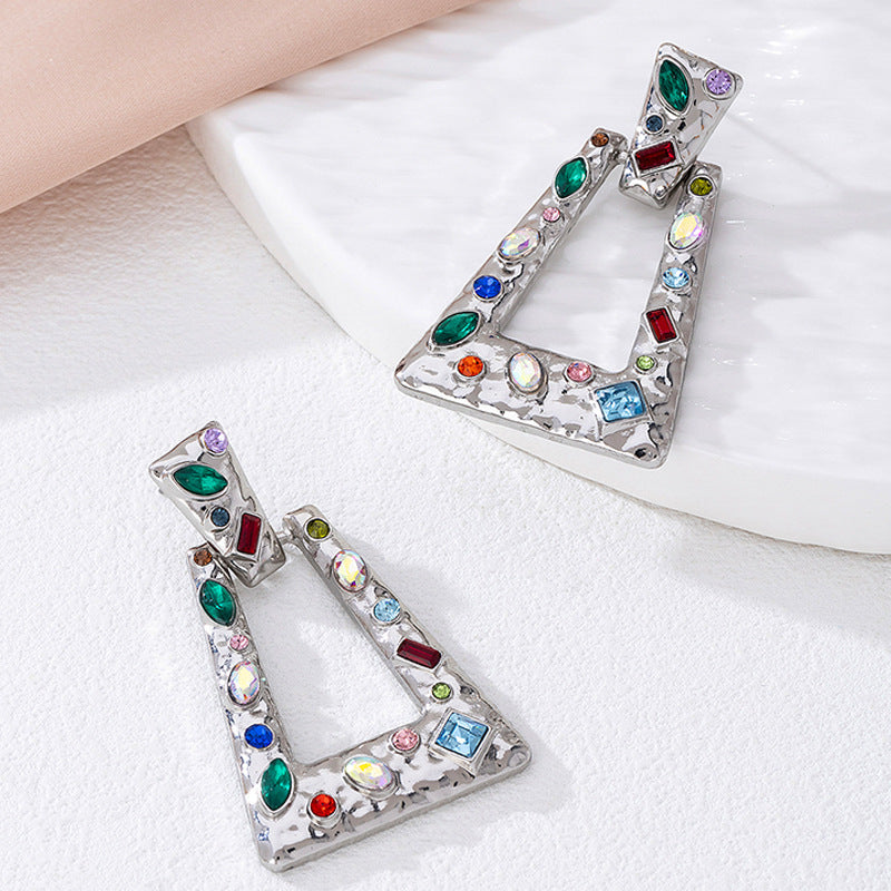 Luxury Exaggerated Geometric Drop Earrings For Women, Vintage High-End Statement Earrings With Multicolor Rhinestones