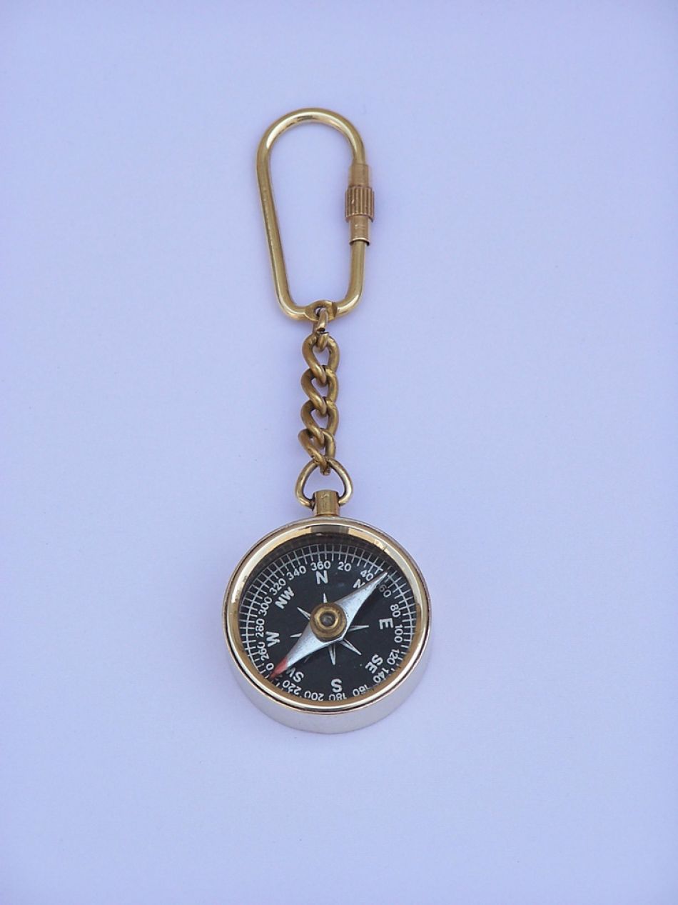Solid Brass Compass Key Chain 5""