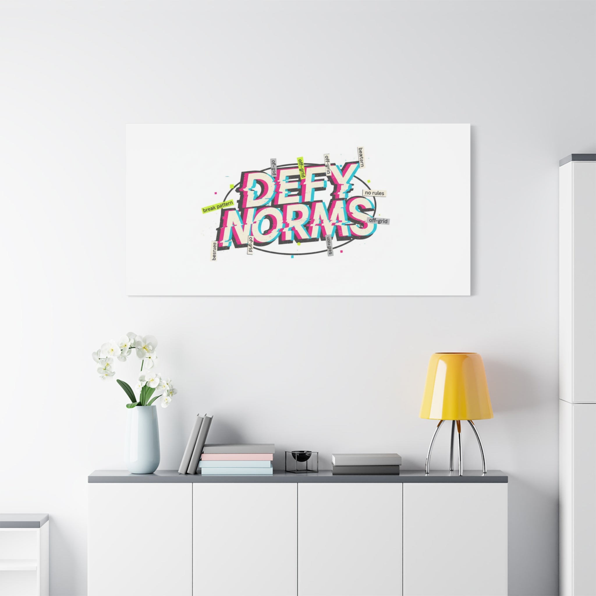 Defy Norms Canvas, Anti-Aesthetic Glitch Typography, Brutalist Poster Style