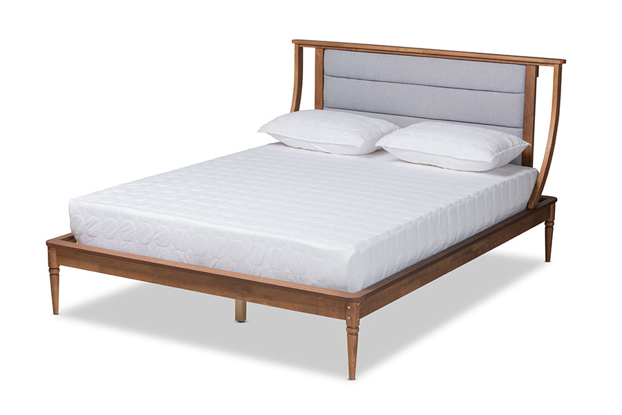 Baxton Studio Regis Modern and Contemporary Transitional Light Grey Fabric Upholstered and Walnut Brown Finished Wood Queen Size Platform Bed