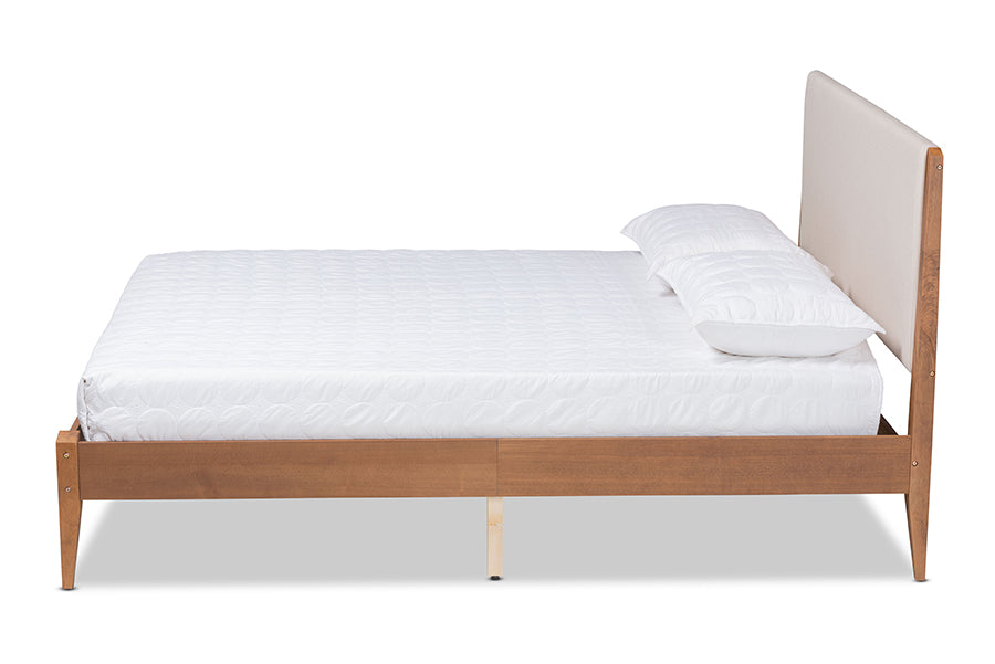 Baxton Studio Lenora Mid-Century Modern Beige Fabric Upholstered and Walnut Brown Finished Wood Queen Size Platform Bed