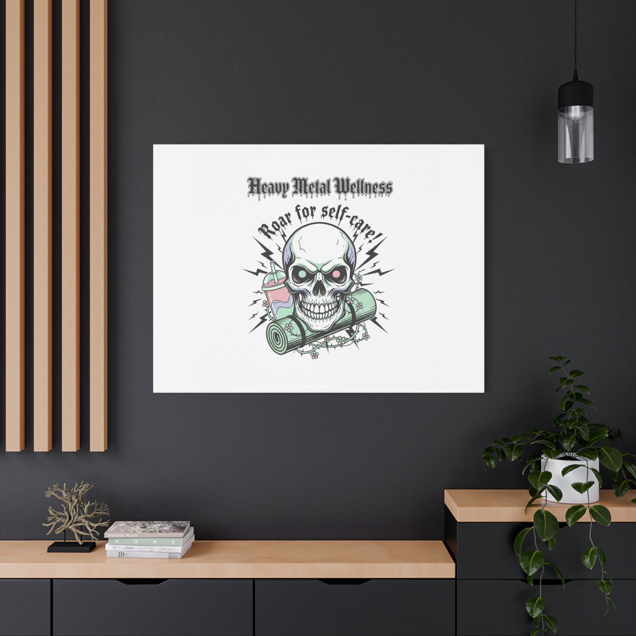 Roar for Self-Care Skull Canvas | heavy metal wellness, gothic wellness quote