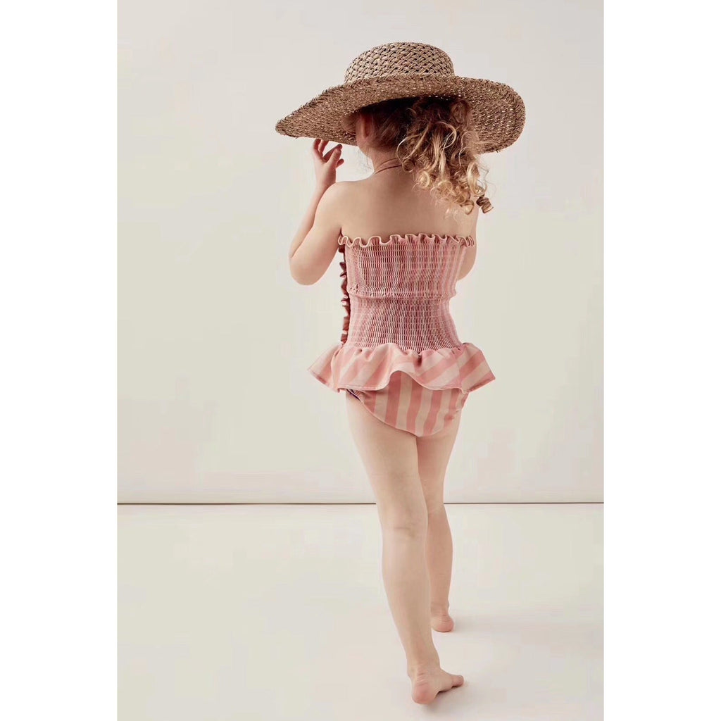 Children's Swimwear Ins Explosion Models Girls Siamese  Striped Princess Wind Lace Swimsuit