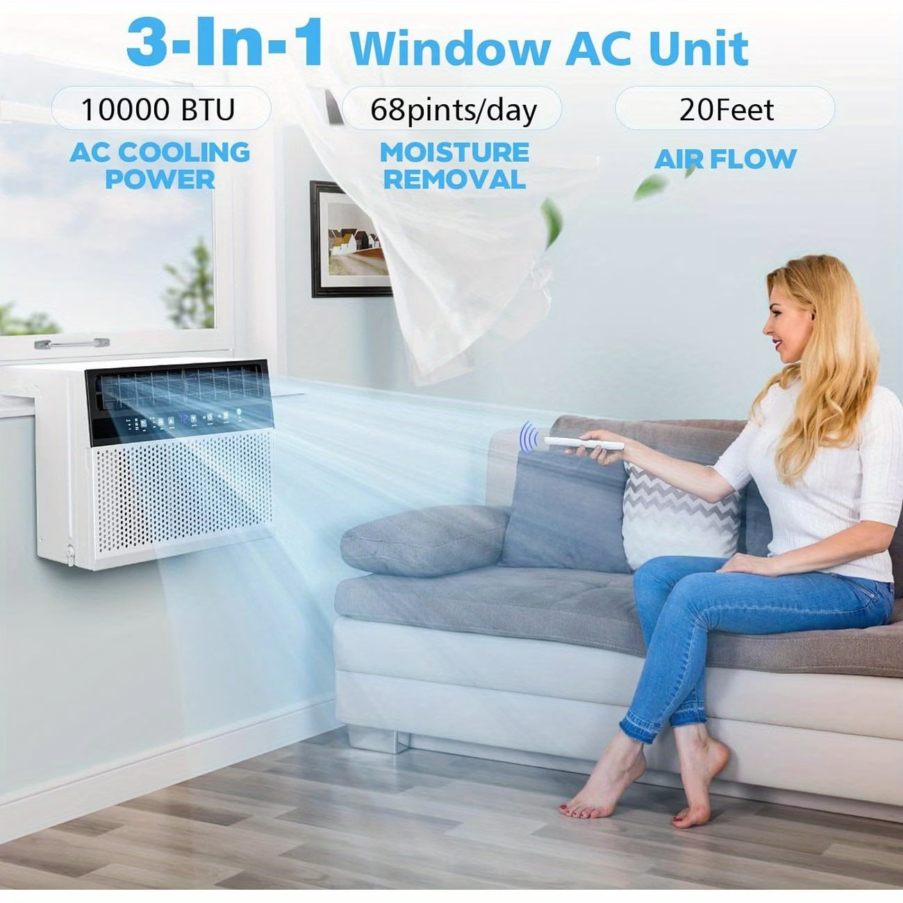 12000 BTU Window Air Conditioner, 3in 1 Ac Window Unit for Room Cools Up to 450 Sq.Ft, Dehumidifier & Fan with Energy Saving Mode, 3 Fan Speeds& Quiet Operation