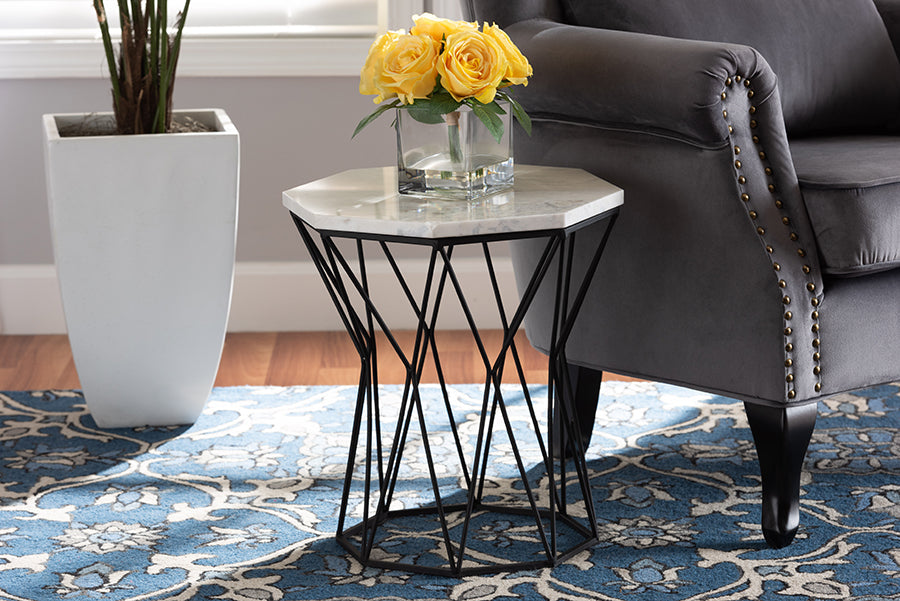 Baxton Studio Venedict Modern and Contemporary Black Metal End Table with Marble Tabletop