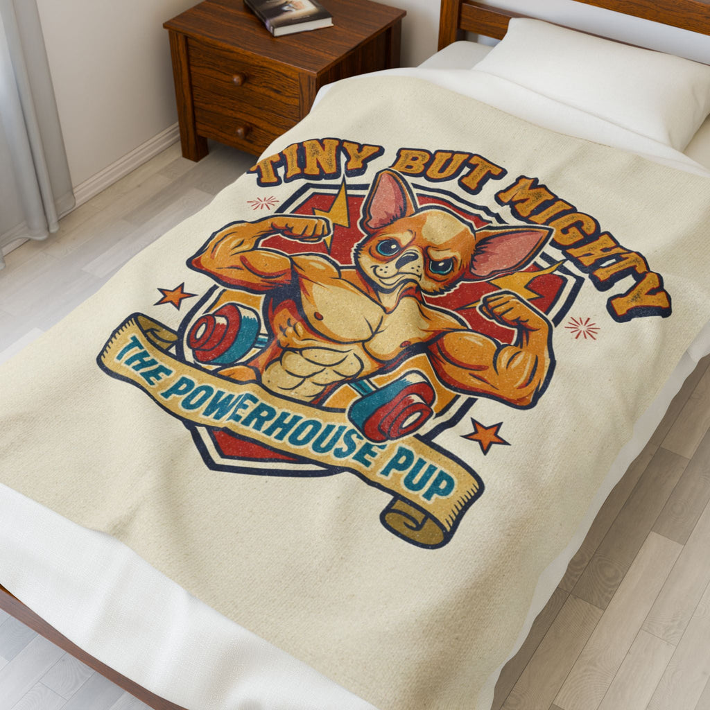 Velveteen Plush Blanket — "Tiny But Mighty" Funny Pup Throw