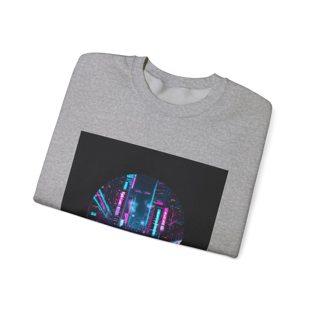 Neon Cyberpunk Skyline Sweatshirt | synthwave cityscape, future city art