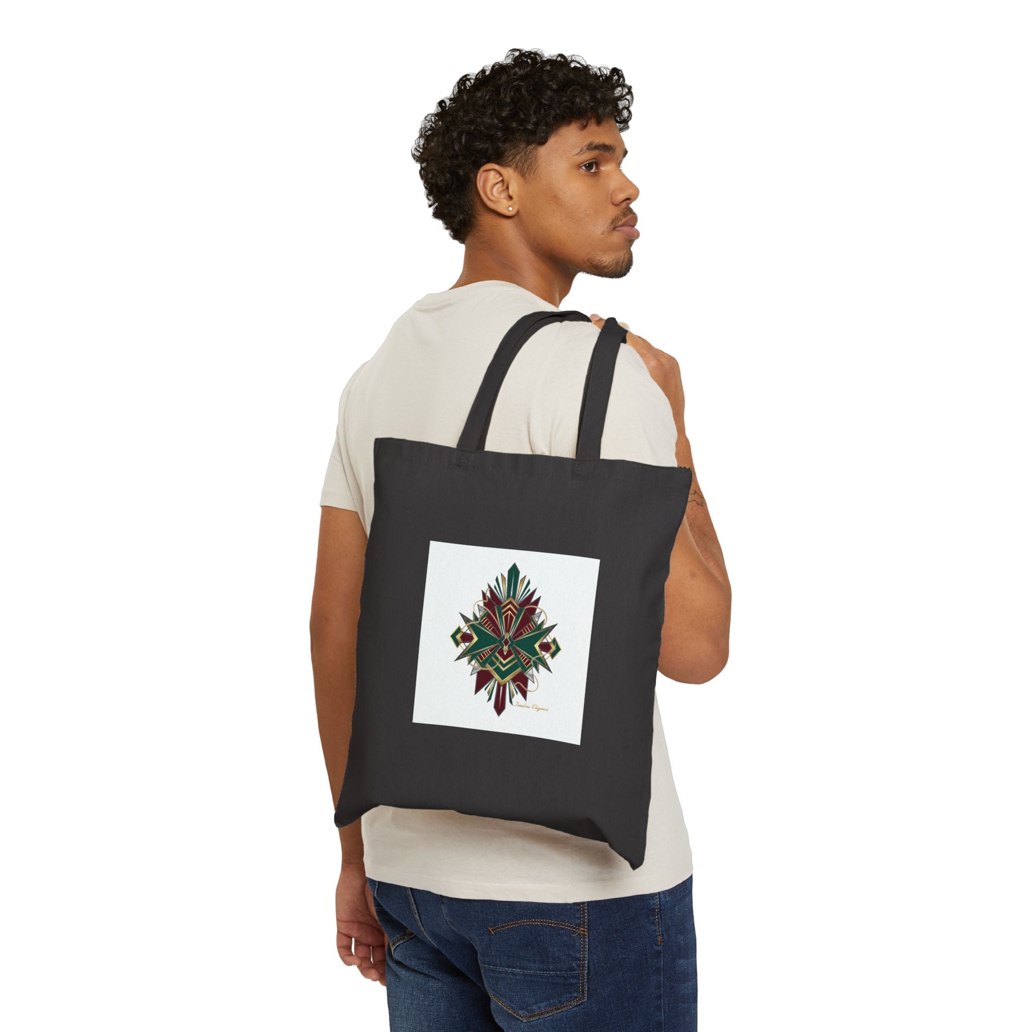 Art Deco Metallic Fan Tote | geometric brass print, emerald jewel motif
