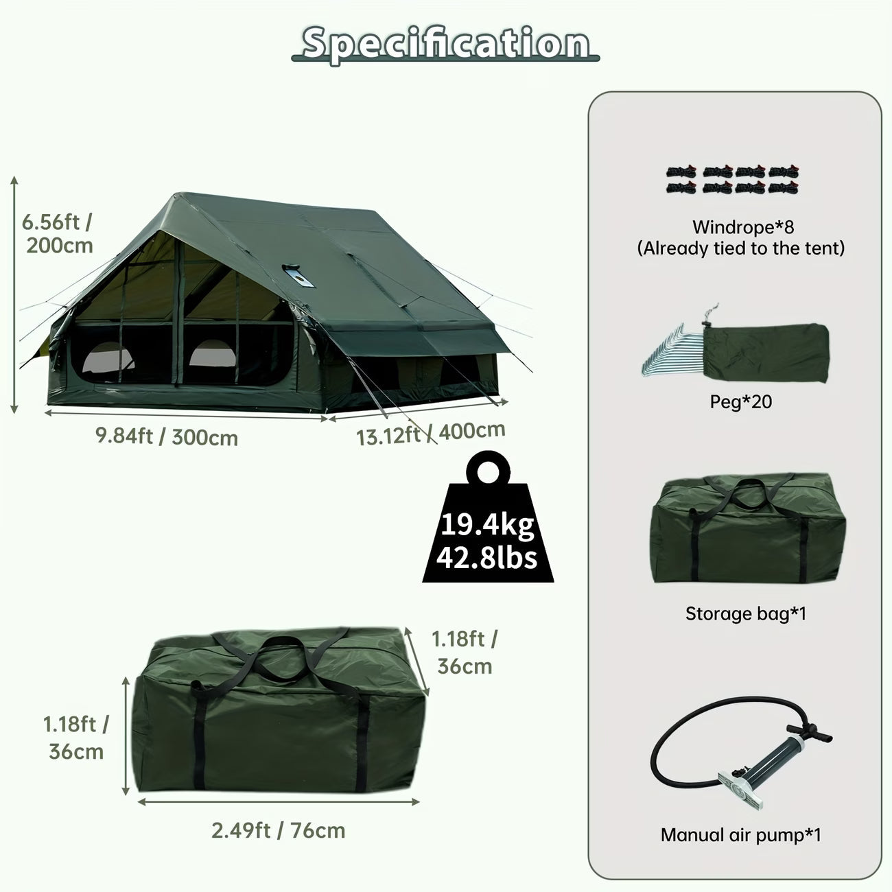 12Sq Inflatable Camping Tent with Hand Pump Easy Setup Outdoor Blow Up Tent 6-8 Person Oxford 4 Season Glamping Air Tents Cabin House with Mesh Windows & Door
