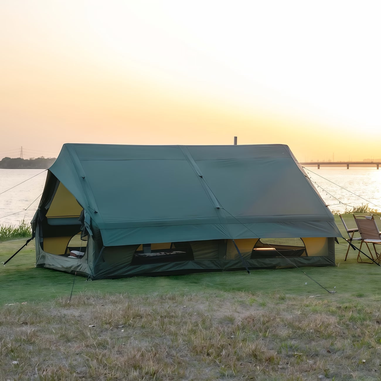12Sq Inflatable Camping Tent with Hand Pump Easy Setup Outdoor Blow Up Tent 6-8 Person Oxford 4 Season Glamping Air Tents Cabin House with Mesh Windows & Door