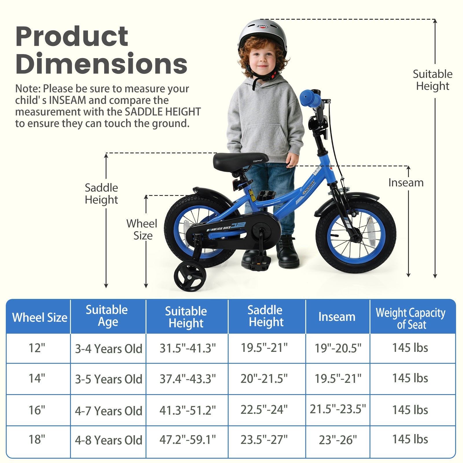 12/14/16/18 Inches Kids Bike with Removable Training Wheels and Adjustable Seatfor 3-8 Years Old Navy